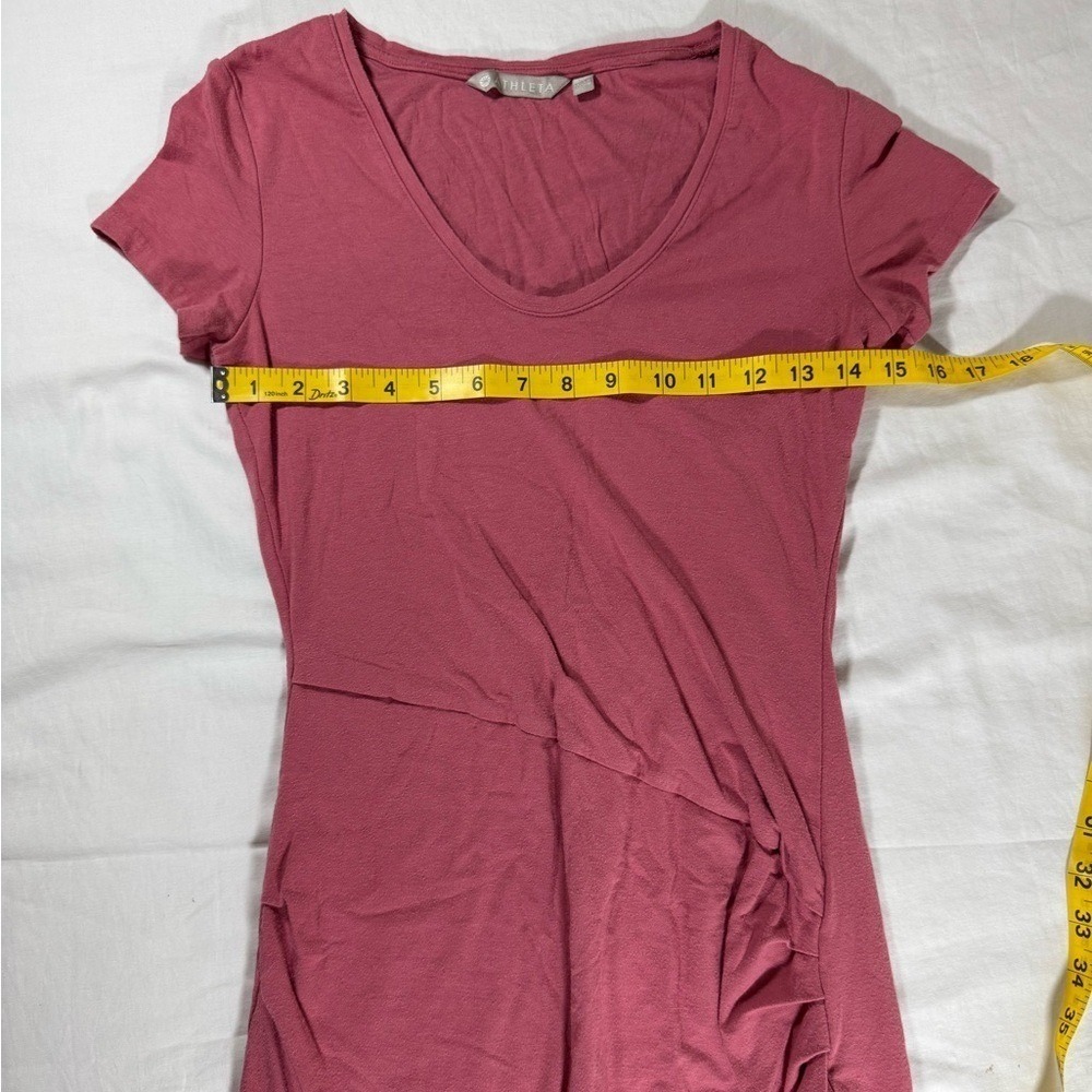 Athleta Santorini Ruched‎ Dress XS Pink Short Sleeve Faux Wrap Tulip Hem Casual - Picture 6 of 7